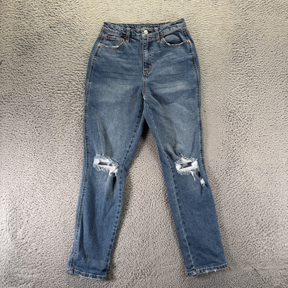 Arizona Jeans Women's 7 Blue Cotton Denim Mom Curvy Faded Distressed Stretch